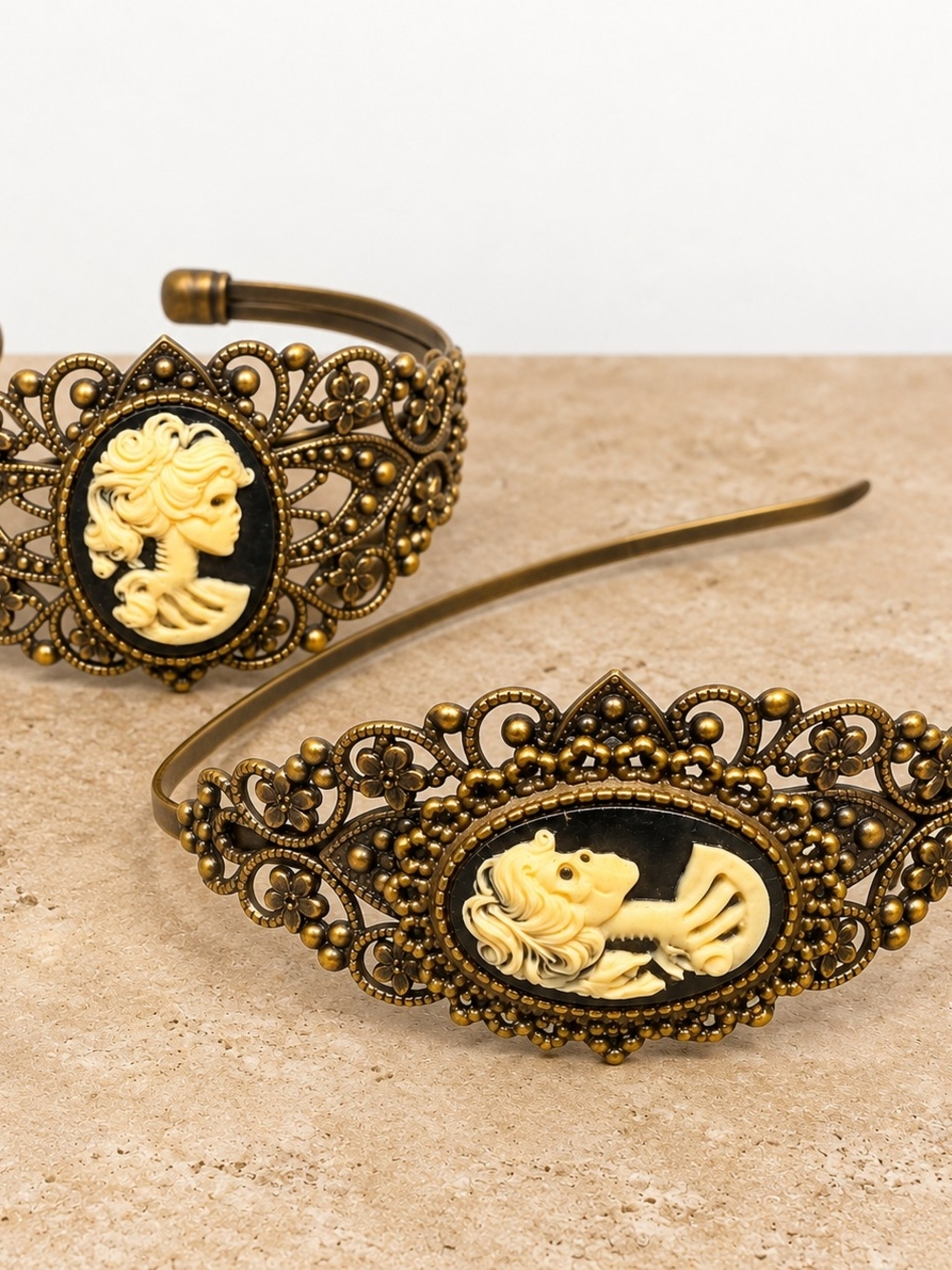 Victorian Inspired Filigree Skull Cameo Bracelet and Headband Set